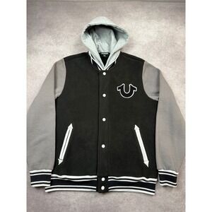 NWT True Religion Men M Varsity Fleece Hood Jacket Black Gray Horseshoe Snap